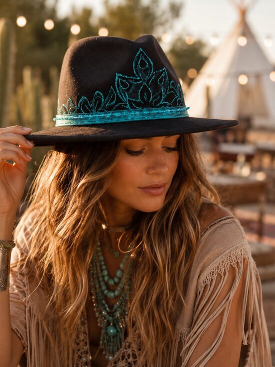 Boutique Black Felt Hat w/ Turquoise Embroidery — Southwestern Boho Festival main image 14